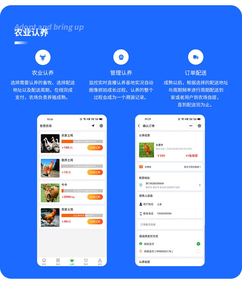 選擇需要認養的畜牧、選擇配送 地址以及配送周期，在線完成 支付，農場負責養殖成熟。